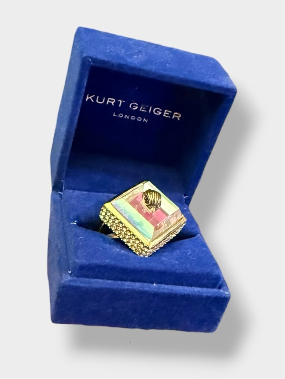 Kurt Geiger 🪢NIB Iridescent Square Cocktail Ring - Gold Tone Size 7